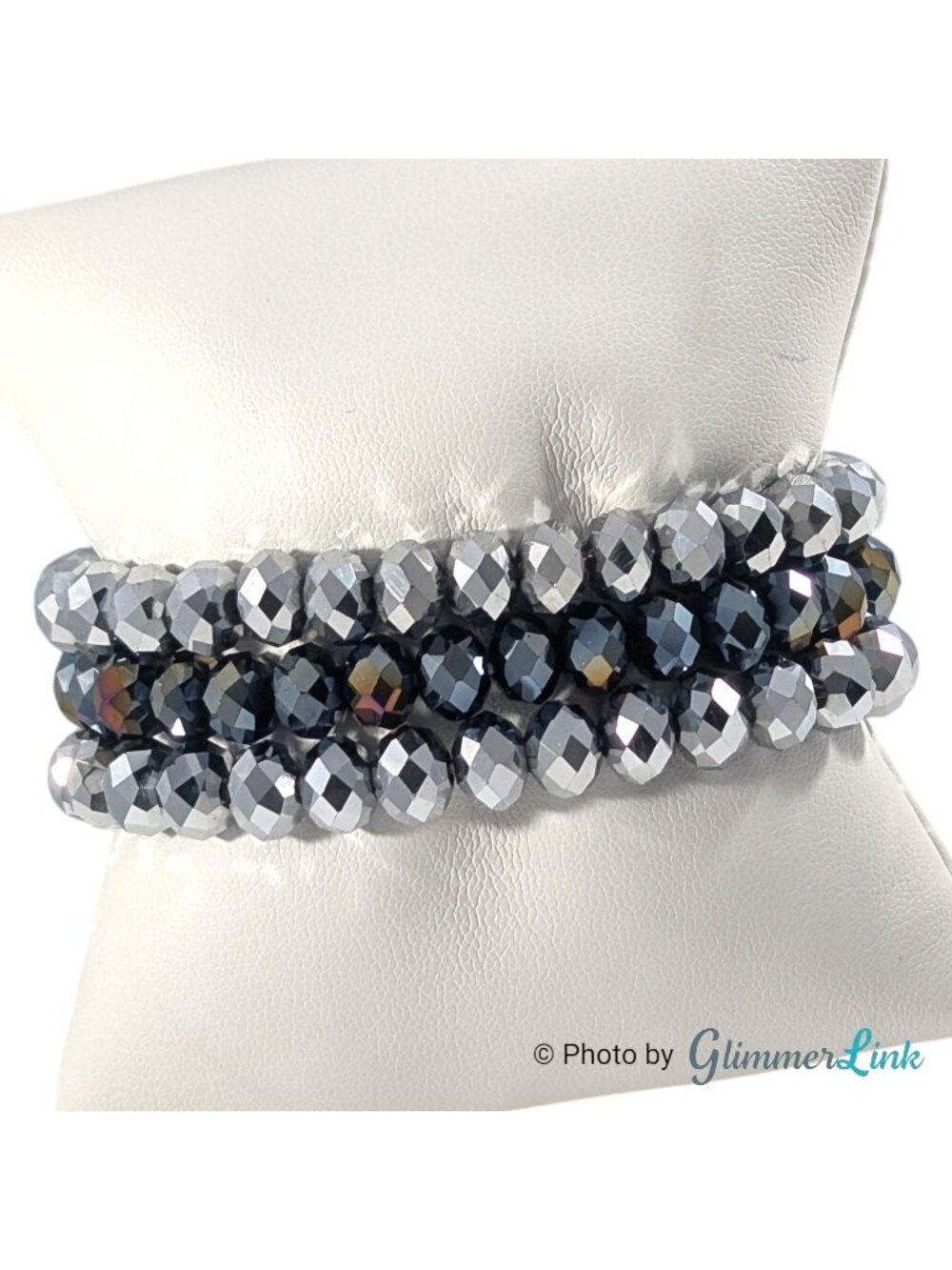 Silver Gray Faceted Glass Stretch Bracelet Set AB Bead Stack